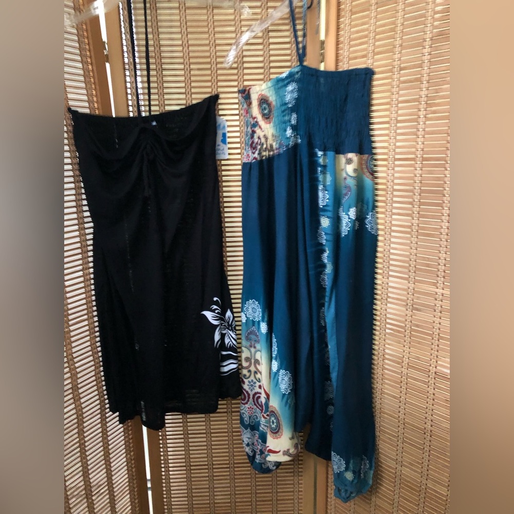 LOT of 2 resort wear strapless coverups: stretchy black dress, Thai boho pants